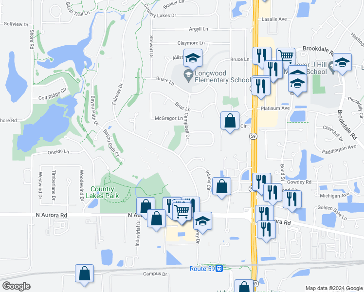 map of restaurants, bars, coffee shops, grocery stores, and more near 959 Campbell Drive in Naperville