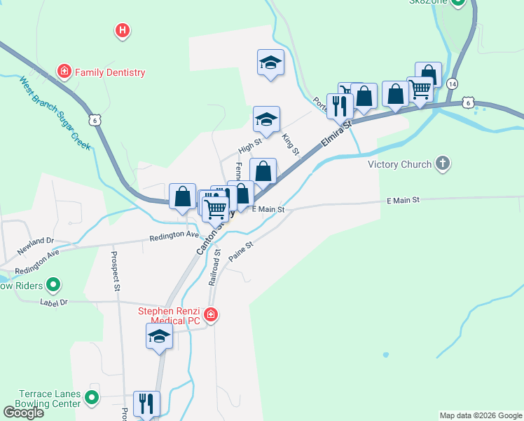 map of restaurants, bars, coffee shops, grocery stores, and more near 90 East Main Street in Troy