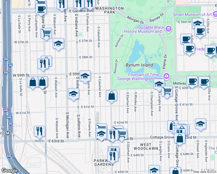 map of restaurants, bars, coffee shops, grocery stores, and more near 5950 South King Drive in Chicago