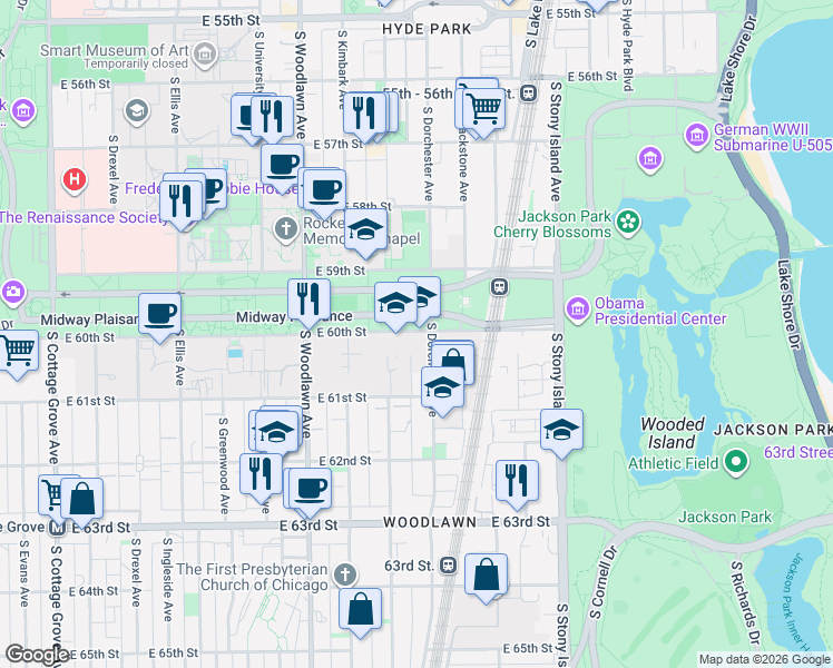 map of restaurants, bars, coffee shops, grocery stores, and more near 6025 South Kenwood Avenue in Chicago