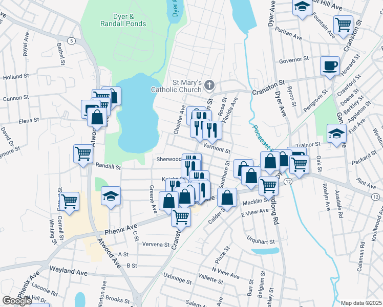 map of restaurants, bars, coffee shops, grocery stores, and more near 1641 Cranston Street in Cranston