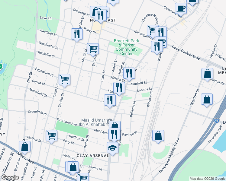 map of restaurants, bars, coffee shops, grocery stores, and more near in Hartford