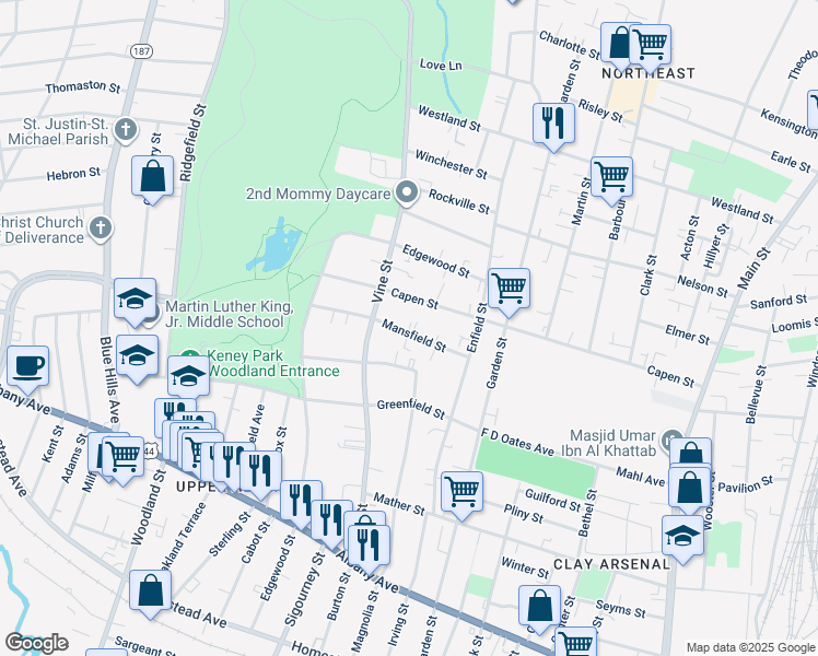 map of restaurants, bars, coffee shops, grocery stores, and more near 83 Mansfield Street in Hartford