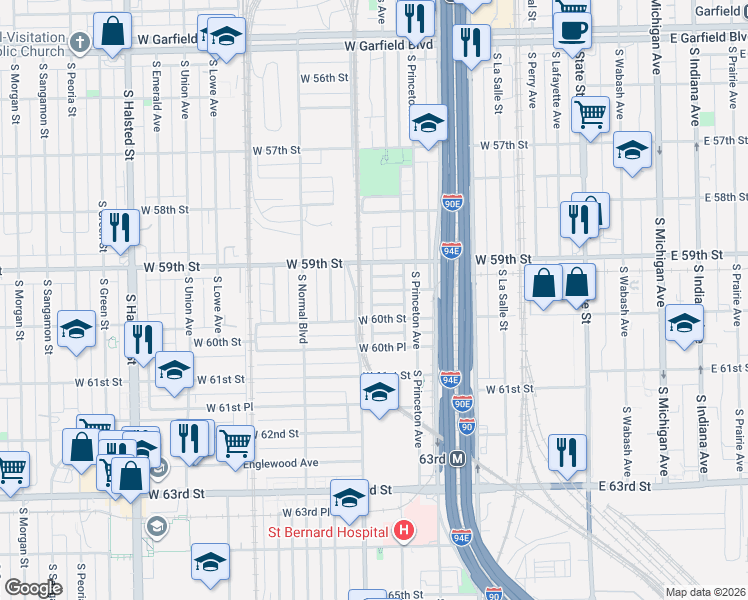 map of restaurants, bars, coffee shops, grocery stores, and more near 342 West 60th Street in Chicago
