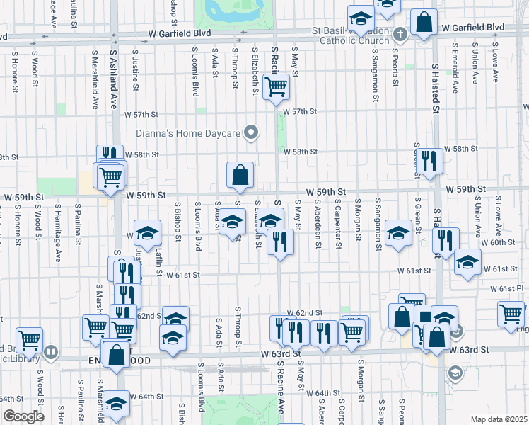 map of restaurants, bars, coffee shops, grocery stores, and more near 5949 South Elizabeth Street in Chicago
