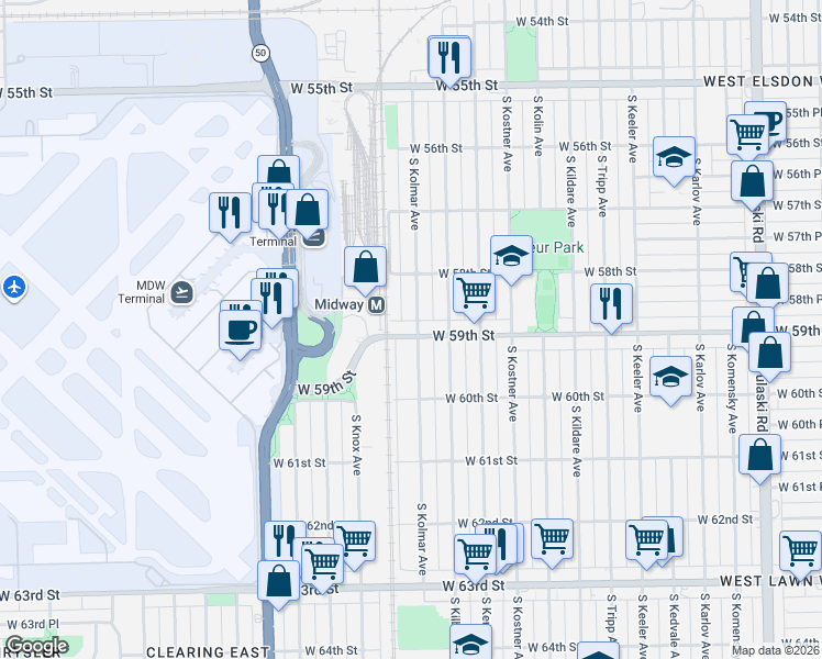 map of restaurants, bars, coffee shops, grocery stores, and more near 5906 South Kolmar Avenue in Chicago