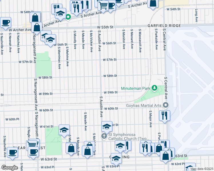 map of restaurants, bars, coffee shops, grocery stores, and more near 5852 South Mason Avenue in Chicago