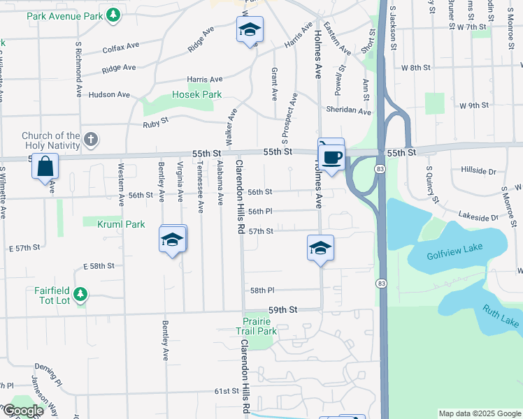 map of restaurants, bars, coffee shops, grocery stores, and more near 729 56th Place in Clarendon Hills