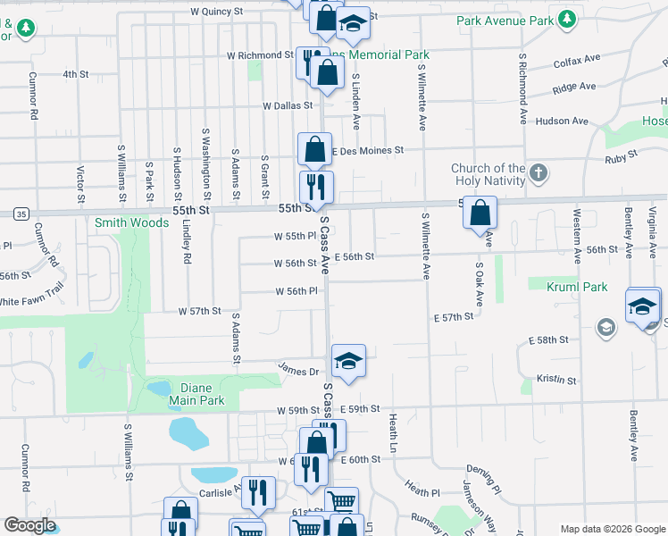 map of restaurants, bars, coffee shops, grocery stores, and more near 515 South Cass Avenue in Westmont