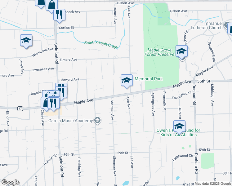 map of restaurants, bars, coffee shops, grocery stores, and more near 1819 Maple Avenue in Downers Grove