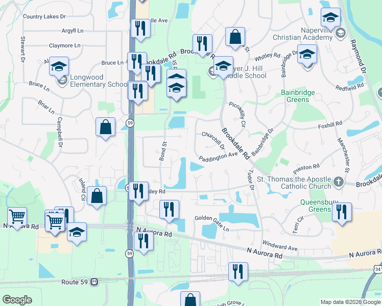 map of restaurants, bars, coffee shops, grocery stores, and more near 1820 Paddington Avenue in Naperville