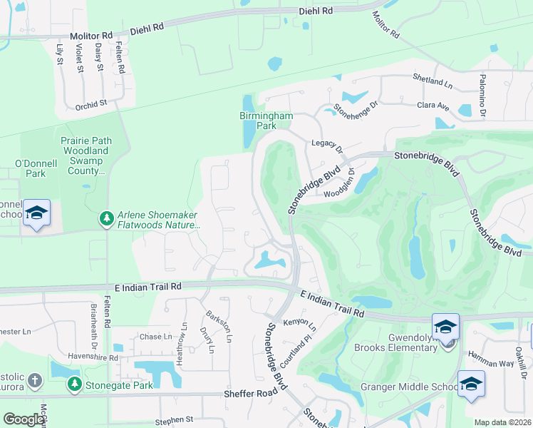 map of restaurants, bars, coffee shops, grocery stores, and more near 2342 Brookside Lane in Aurora