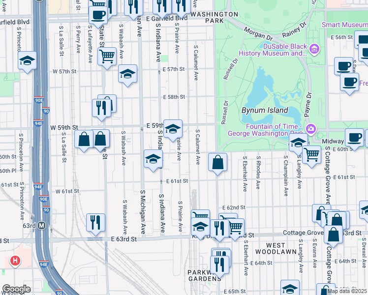 map of restaurants, bars, coffee shops, grocery stores, and more near 5953 South Prairie Avenue in Chicago