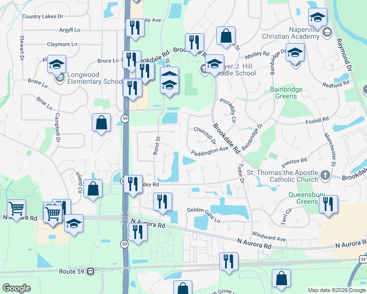 map of restaurants, bars, coffee shops, grocery stores, and more near 1820 Paddington Avenue in Naperville