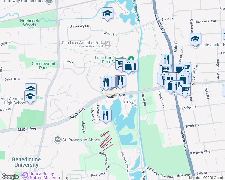 map of restaurants, bars, coffee shops, grocery stores, and more near 1600 Maple Avenue in Lisle