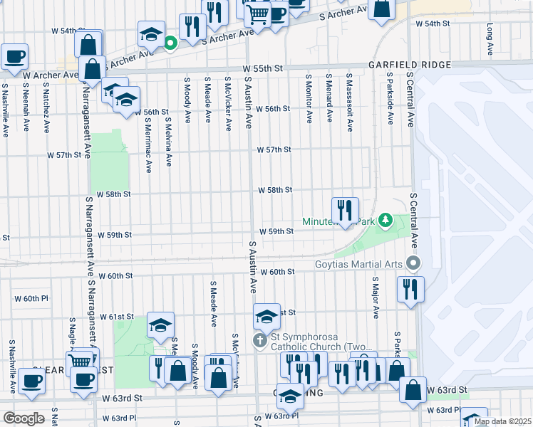 map of restaurants, bars, coffee shops, grocery stores, and more near 5852 South Mason Avenue in Chicago