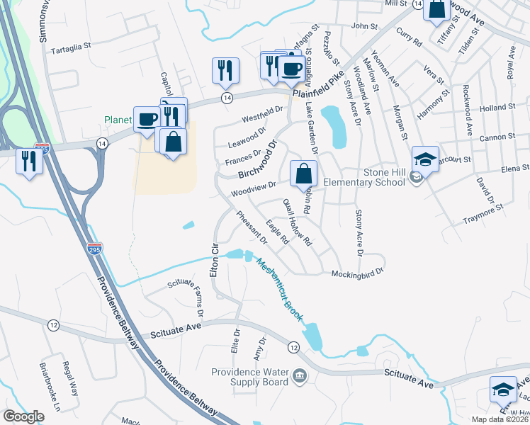 map of restaurants, bars, coffee shops, grocery stores, and more near 49 Eagle Road in Cranston