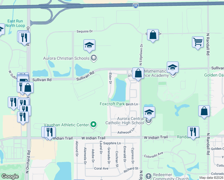 map of restaurants, bars, coffee shops, grocery stores, and more near 1463 Elder Drive in Aurora