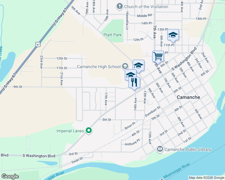 map of restaurants, bars, coffee shops, grocery stores, and more near 1600-1698 7th Street in Camanche