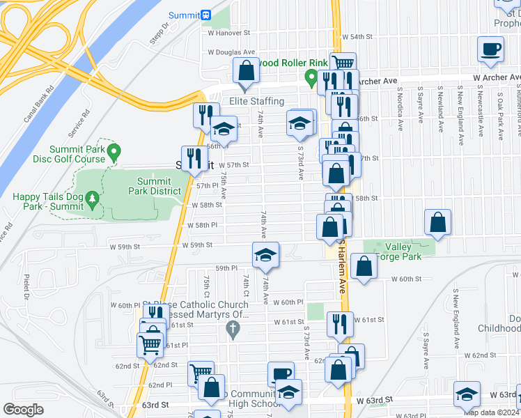 map of restaurants, bars, coffee shops, grocery stores, and more near 7401 West 58th Street in Summit
