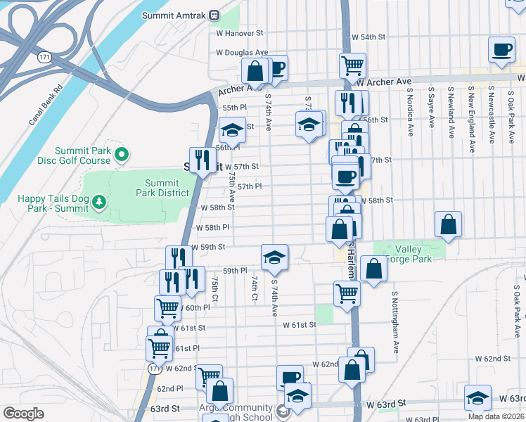 map of restaurants, bars, coffee shops, grocery stores, and more near 7418 West 58th Place in Summit