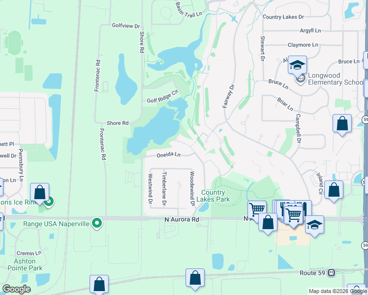 map of restaurants, bars, coffee shops, grocery stores, and more near 2412 Oneida Lane in Naperville