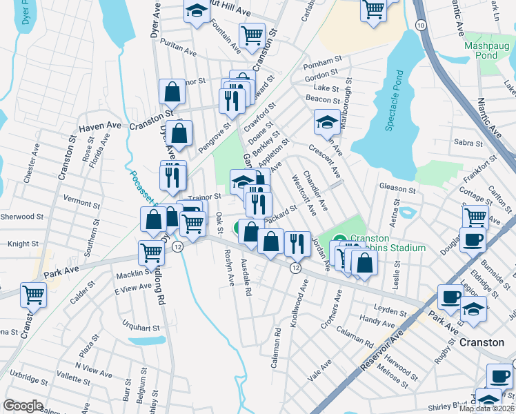 map of restaurants, bars, coffee shops, grocery stores, and more near 146 Gansett Avenue in Cranston