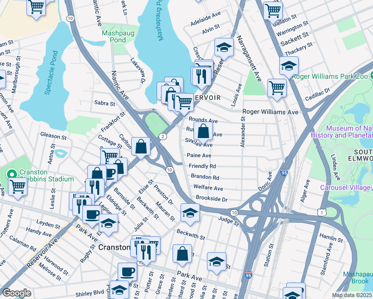 map of restaurants, bars, coffee shops, grocery stores, and more near 95 Pontiac Avenue in Cranston