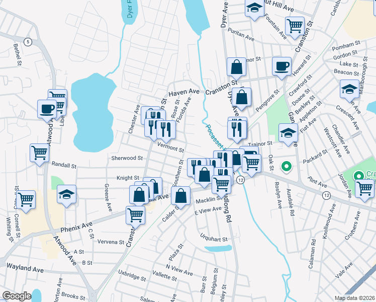 map of restaurants, bars, coffee shops, grocery stores, and more near 95 Massachusetts Street in Cranston