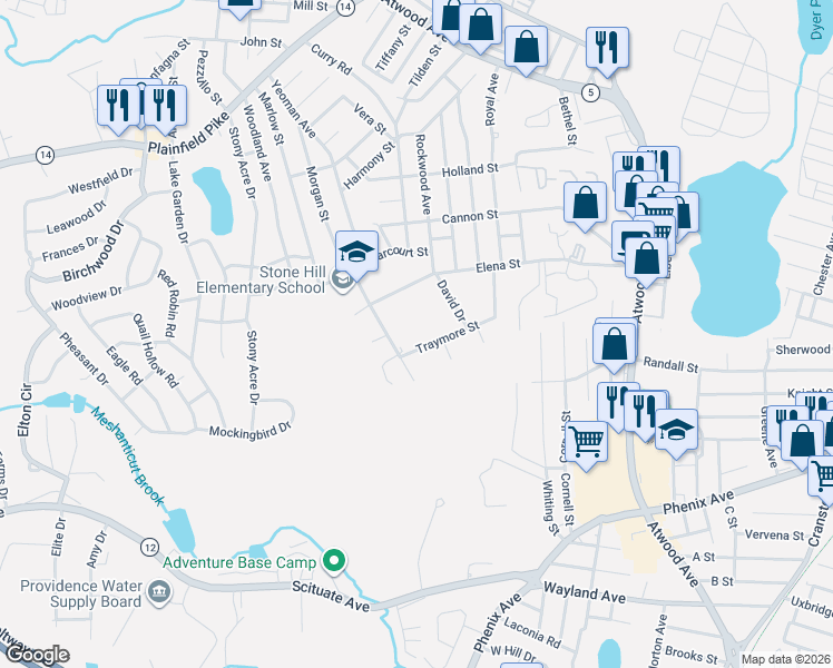 map of restaurants, bars, coffee shops, grocery stores, and more near 70 Traymore Street in Cranston