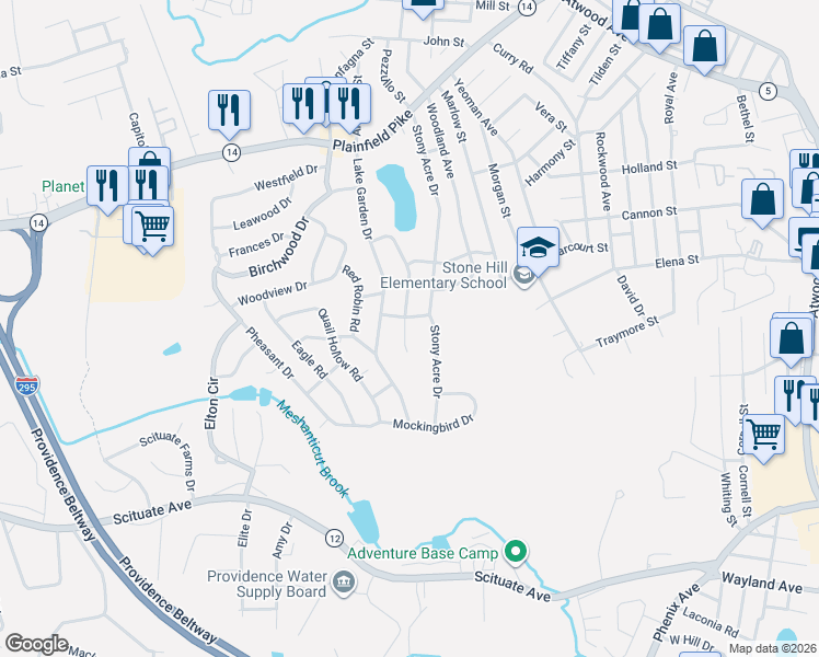 map of restaurants, bars, coffee shops, grocery stores, and more near 114 Stone Drive in Cranston