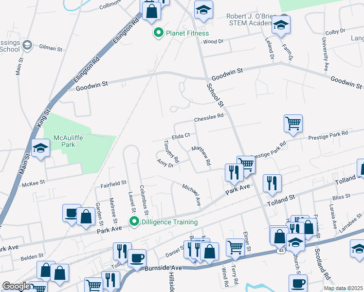 map of restaurants, bars, coffee shops, grocery stores, and more near 37 Timothy Road in East Hartford