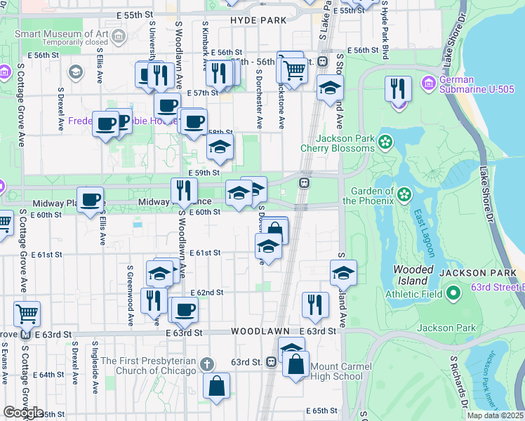 map of restaurants, bars, coffee shops, grocery stores, and more near 1407 East 60th Street in Chicago