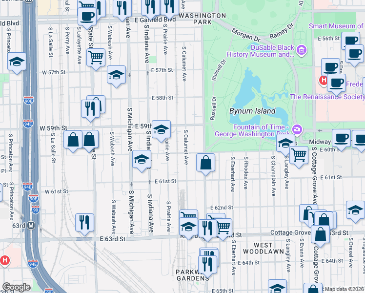 map of restaurants, bars, coffee shops, grocery stores, and more near 313 East 60th Street in Chicago