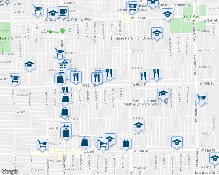 map of restaurants, bars, coffee shops, grocery stores, and more near 5927 South Francisco Avenue in Chicago