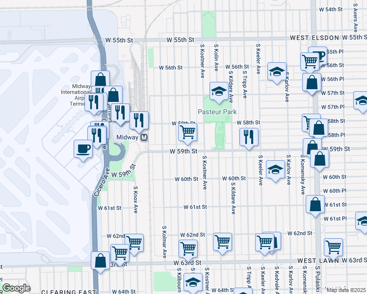 map of restaurants, bars, coffee shops, grocery stores, and more near 5907 South Kilbourn Avenue in Chicago