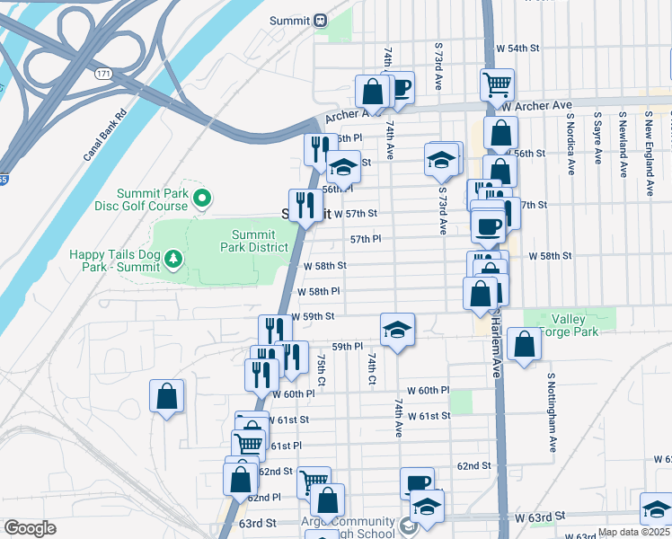 map of restaurants, bars, coffee shops, grocery stores, and more near 7500 West 58th Place in Summit