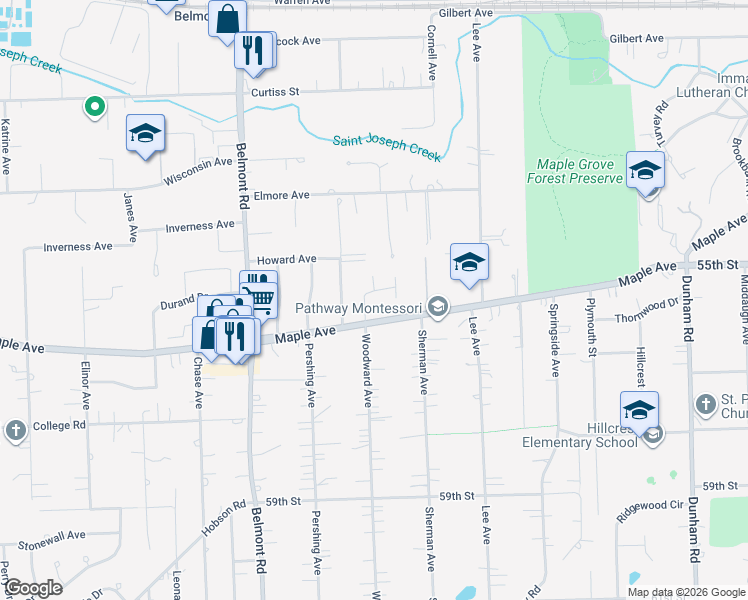 map of restaurants, bars, coffee shops, grocery stores, and more near 1910 Maple Avenue in Downers Grove