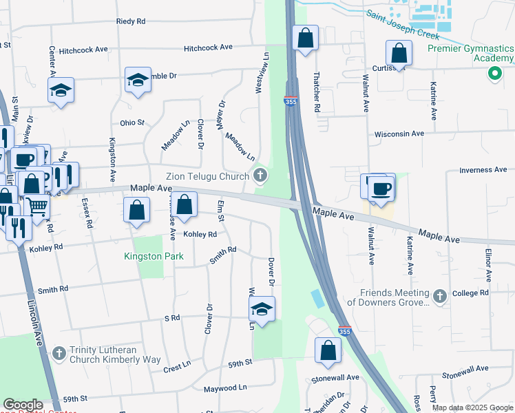 map of restaurants, bars, coffee shops, grocery stores, and more near 550 Columbine Avenue in Lisle