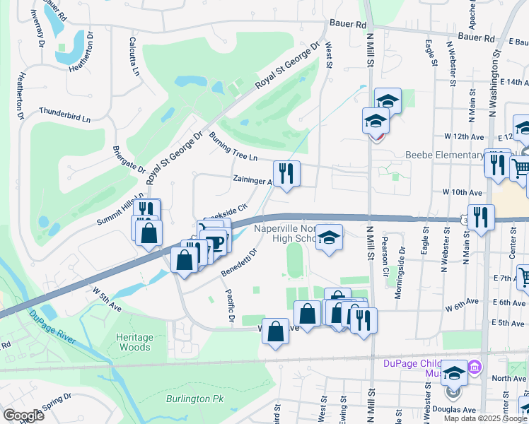 map of restaurants, bars, coffee shops, grocery stores, and more near 889 Benedetti Drive in Naperville