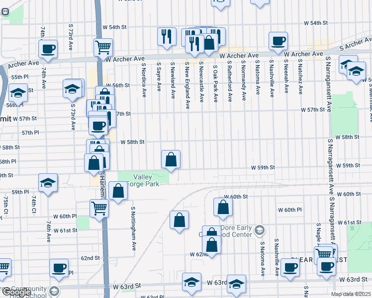 map of restaurants, bars, coffee shops, grocery stores, and more near 5814 South New England Avenue in Chicago