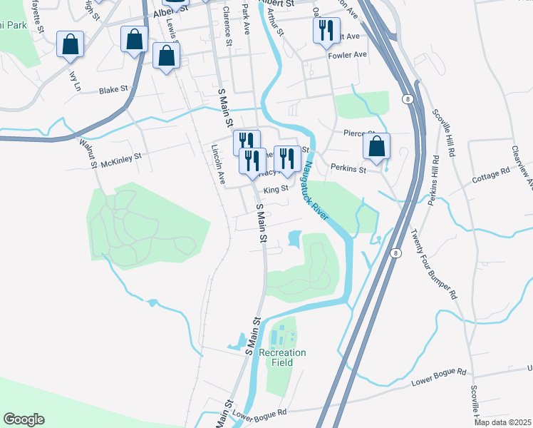 map of restaurants, bars, coffee shops, grocery stores, and more near 736 South Main Street in Torrington