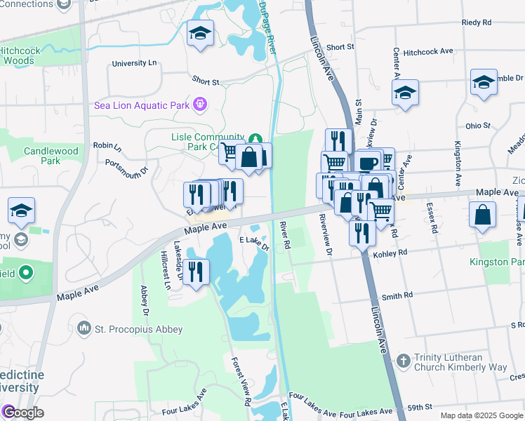map of restaurants, bars, coffee shops, grocery stores, and more near 1083B Maple Avenue in Lisle