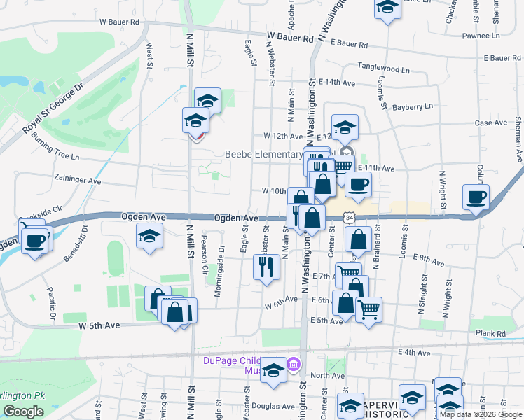 map of restaurants, bars, coffee shops, grocery stores, and more near 856 Eagle Street in Naperville