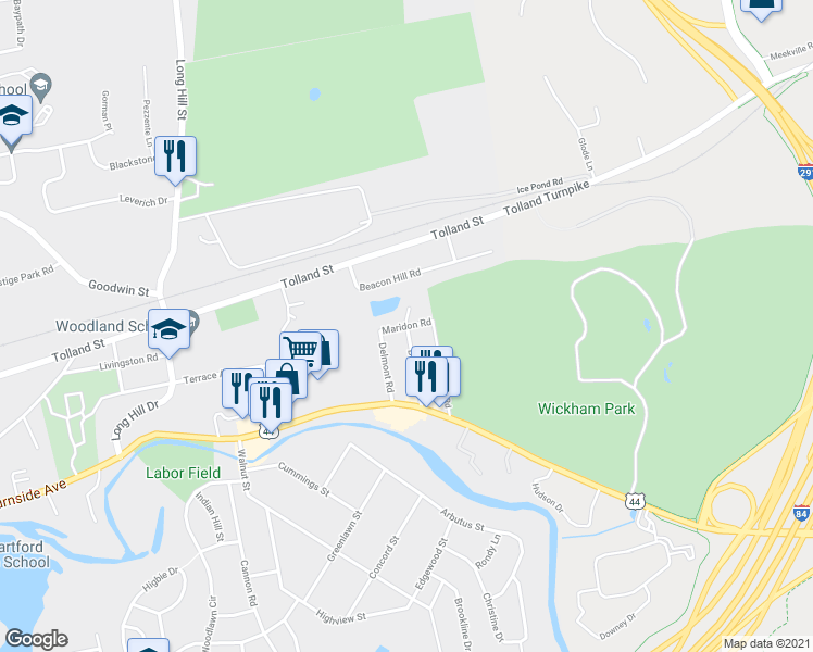 map of restaurants, bars, coffee shops, grocery stores, and more near 69 Bodwell Road in East Hartford