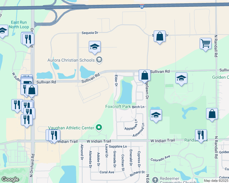 map of restaurants, bars, coffee shops, grocery stores, and more near 1463 Elder Drive in Aurora
