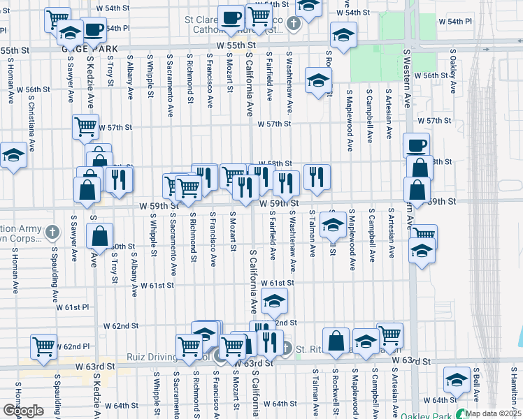 map of restaurants, bars, coffee shops, grocery stores, and more near 5927 South California Avenue in Chicago