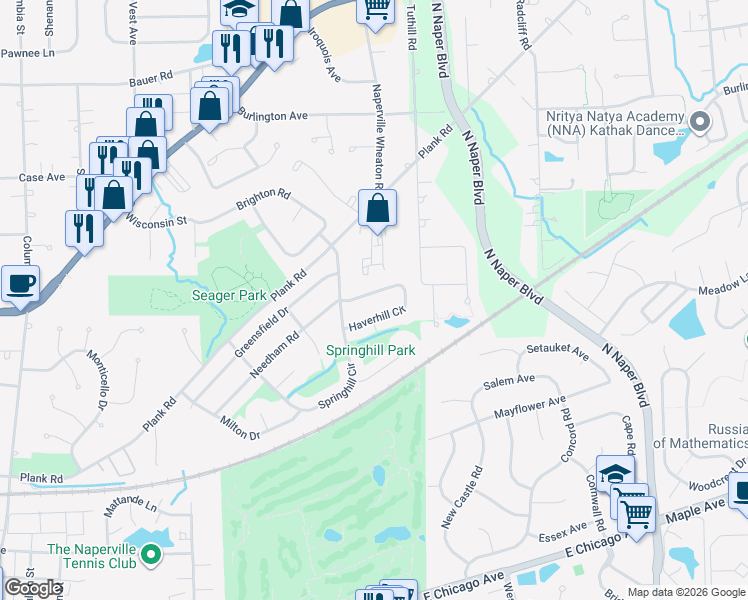 map of restaurants, bars, coffee shops, grocery stores, and more near 1314 Haverhill Circle in Naperville
