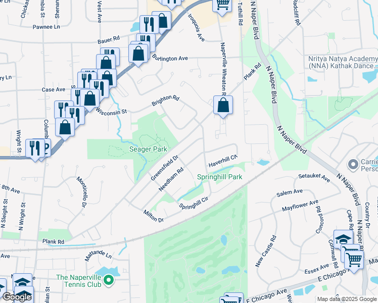 map of restaurants, bars, coffee shops, grocery stores, and more near 1201 Needham Road in Naperville