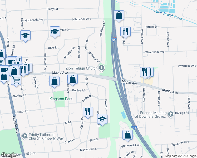 map of restaurants, bars, coffee shops, grocery stores, and more near 559 Maple Avenue in Lisle